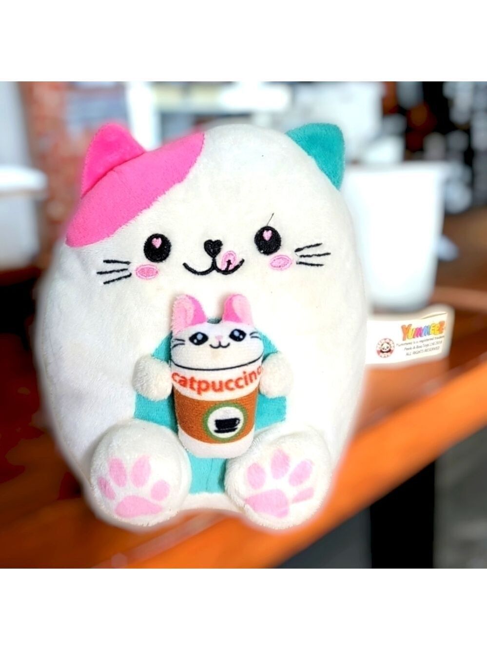 Yummeez Catpuccino Coffee Cat Peek-A-Boo Toys White Plush Stuffed Animal 7”